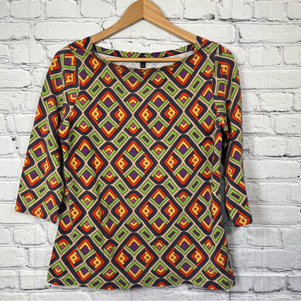 Talbots Geometric 3/4 Sleeve Shirt Womens Medium Boat Neck Cotton Blend